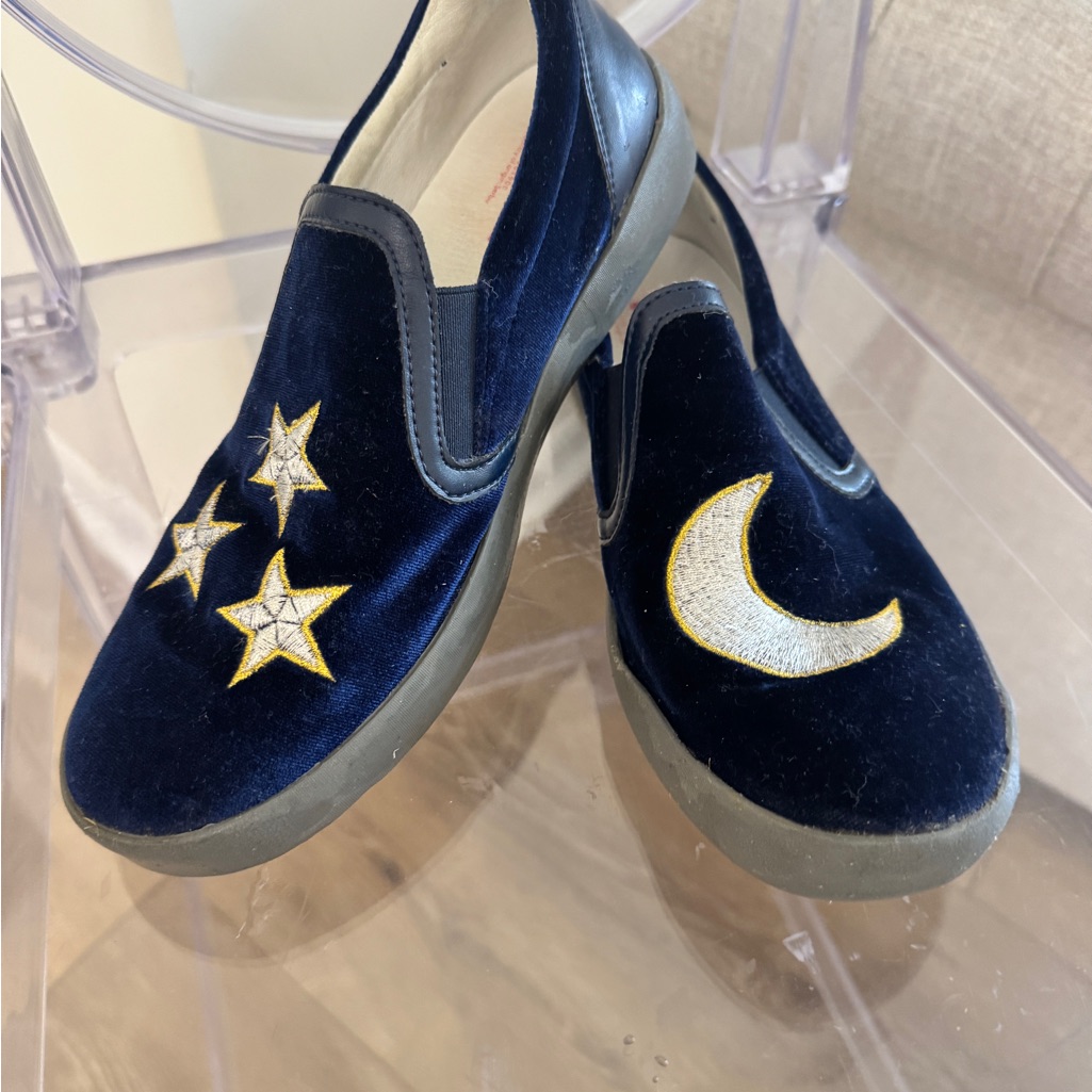 Navy Blue Velvet Flats With Star And Moon Embroidery
